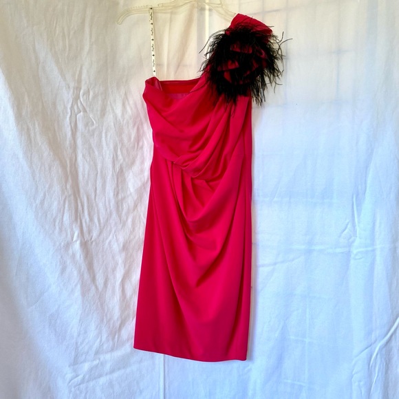 NWT - Tracy Reese Marabou Feather One Shoulder Dress, color:  Azalea Sz 6 - Picture 4 of 8